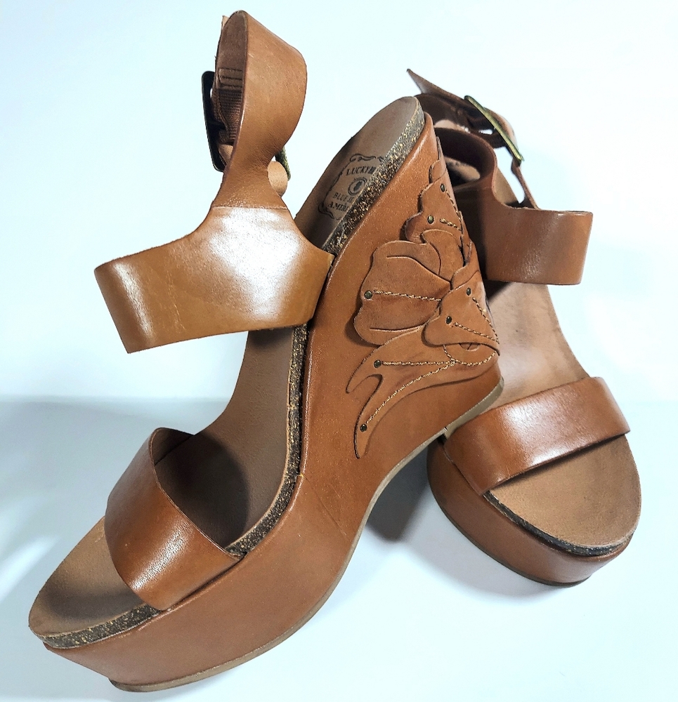 Lucky Brand Women's Stillwater Leather Floral Applique Boho Chic Wedges
